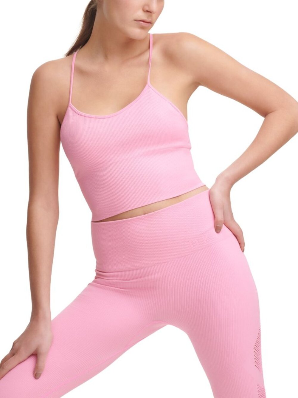 DKNY Womens Activewear Ribbed Strappy Longline Low Impact Sports Bra
